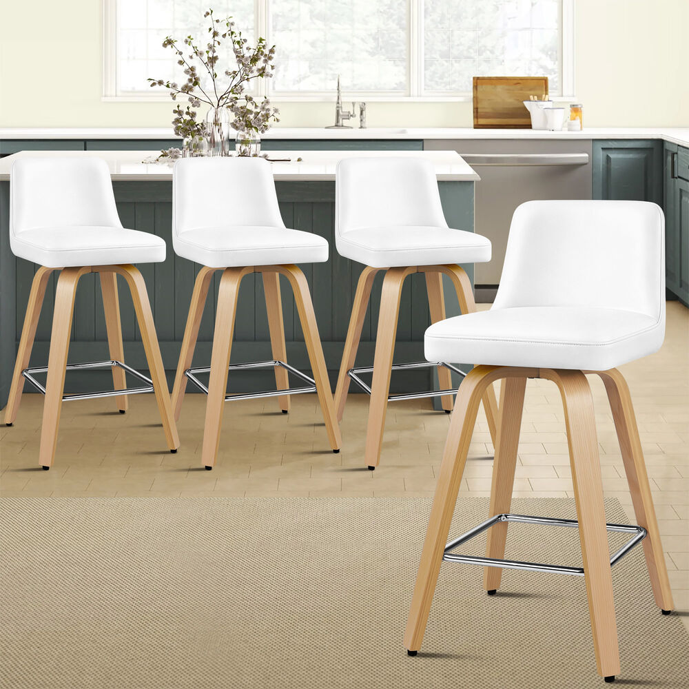 ALFORDSON 4x Bar Stools Kitchen Swivel chair Leather Gas lift Wooden White