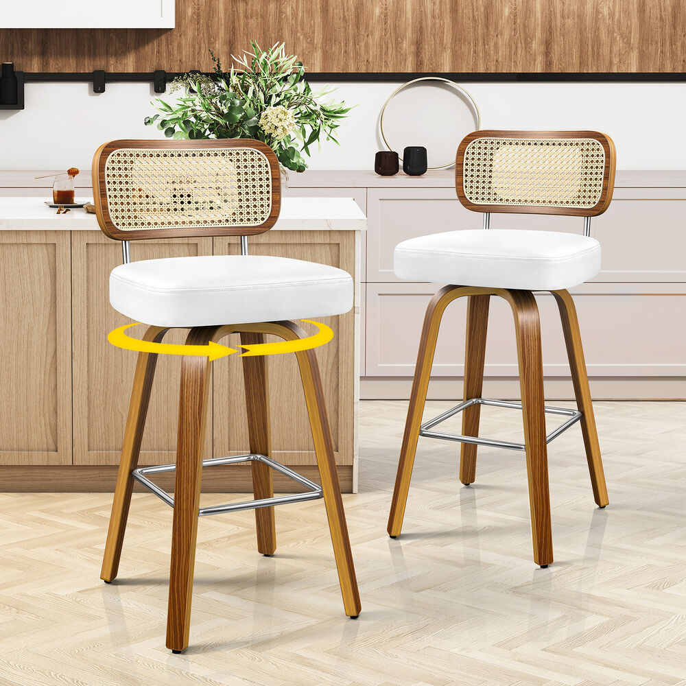 ALFORDSON 2x Bar Stools Kitchen Vintage Leather Seat Rattan Chair White