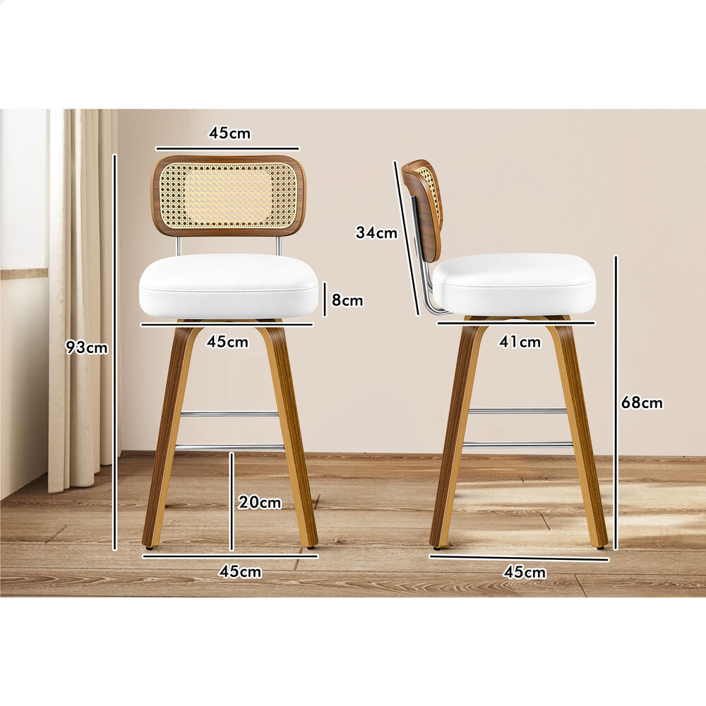 ALFORDSON 2x Bar Stools Kitchen Vintage Leather Seat Rattan Chair White