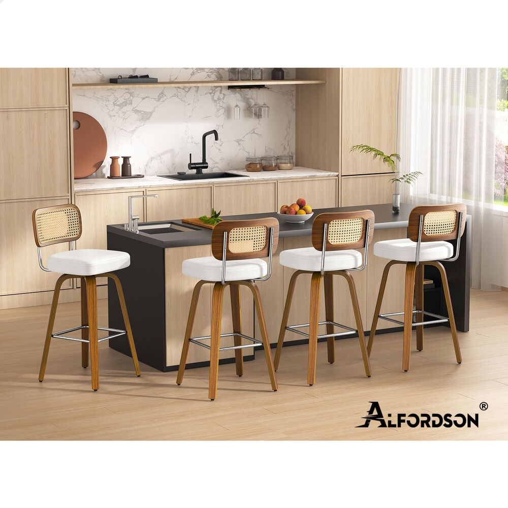 ALFORDSON 4x Bar Stools Kitchen Vintage Leather Seat Rattan Chair White