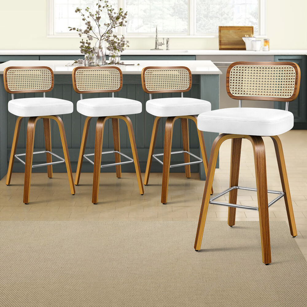 ALFORDSON 4x Bar Stools Kitchen Vintage Leather Seat Rattan Chair White