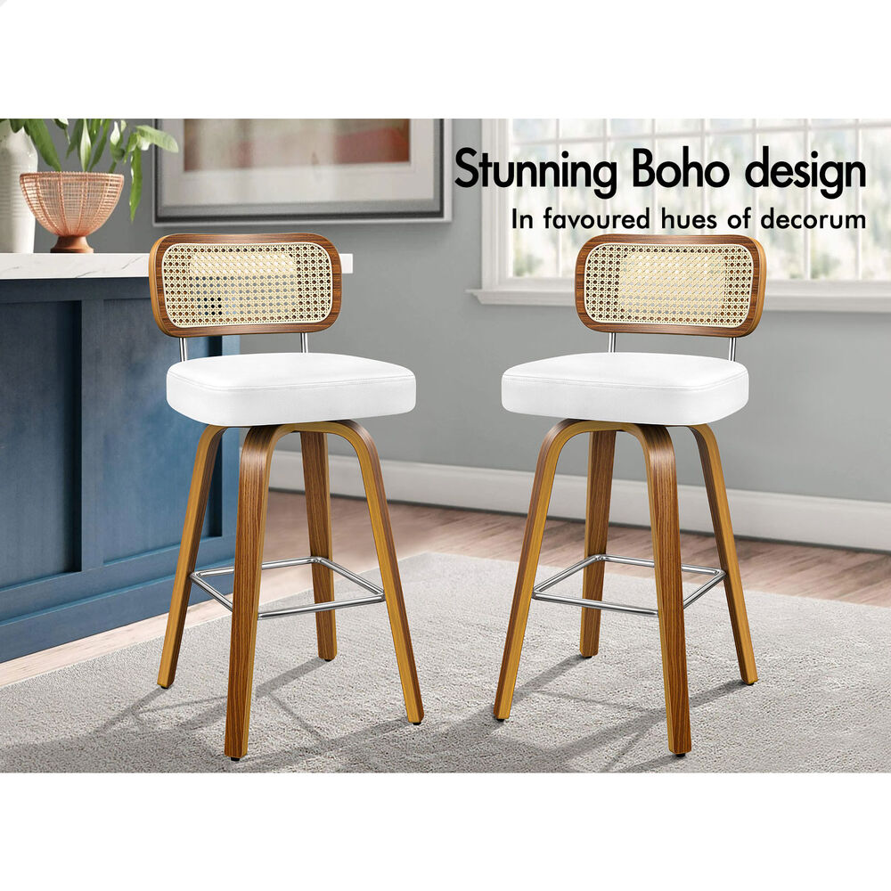 ALFORDSON 4x Bar Stools Kitchen Vintage Leather Seat Rattan Chair White