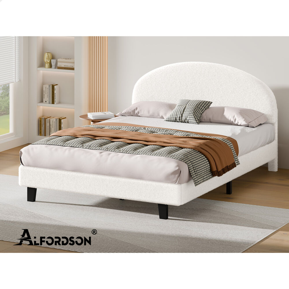 ALFORDSON Bed Frame Queen Size Boucle Mattress Base Platform White