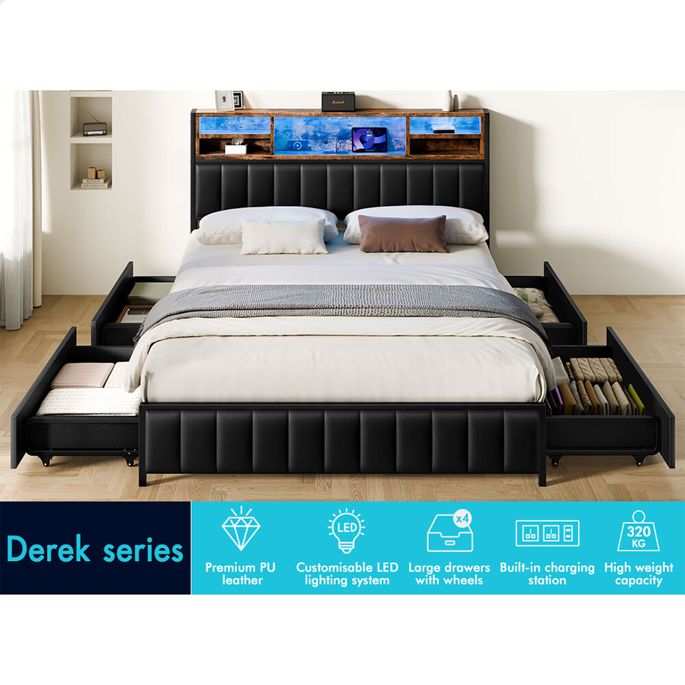 ALFORDSON Bed Frame Double LED Charging Station Drawers Storage Leather