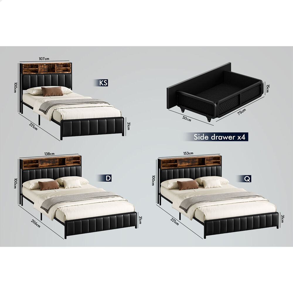 ALFORDSON Bed Frame Double LED Charging Station Drawers Storage Leather