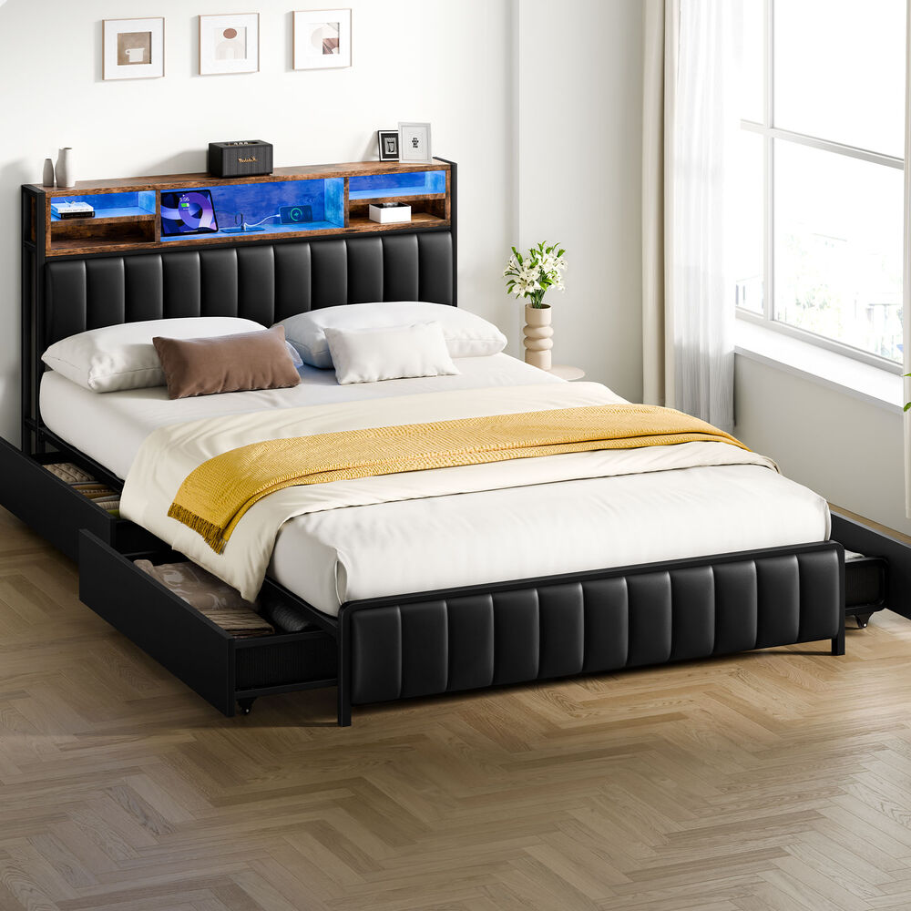ALFORDSON Bed Frame Double LED Charging Station Drawers Storage Leather