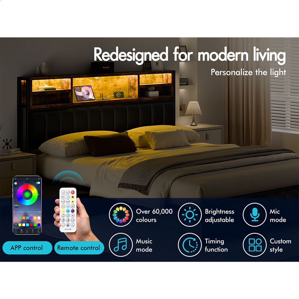ALFORDSON Bed Frame Double LED Charging Station Leather Black