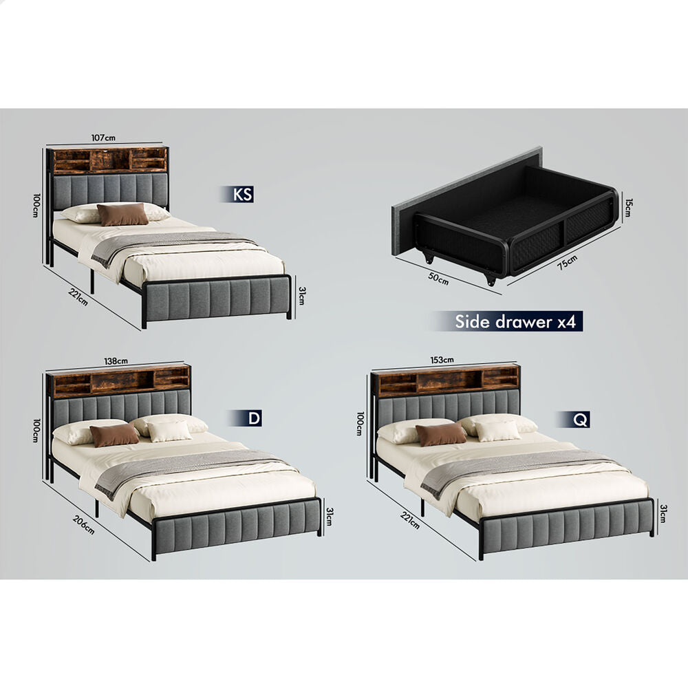 ALFORDSON Bed Frame Double Size LED Charging Station Storage Drawers Linen Grey