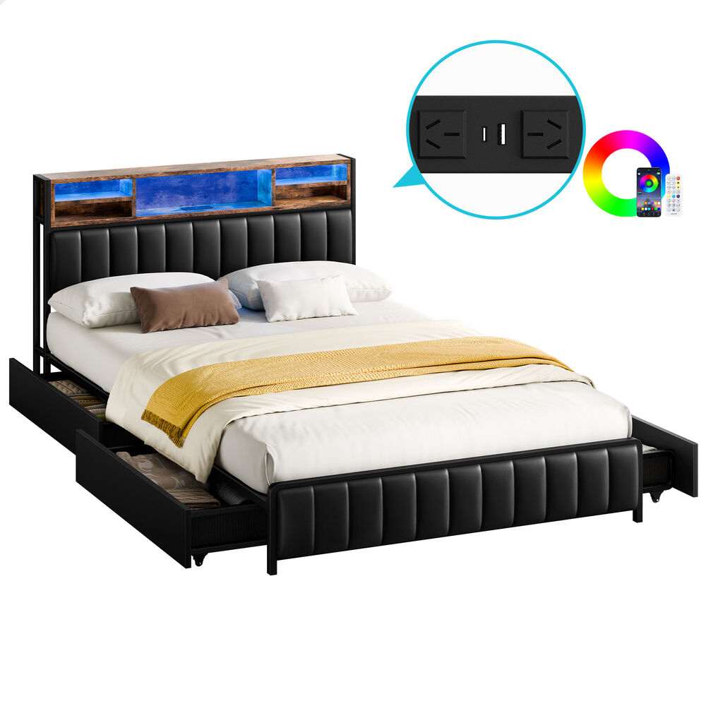 ALFORDSON Bed Frame Double Size LED Charging Station Storage Drawers Linen Grey