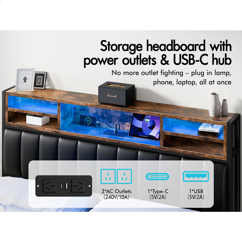 ALFORDSON Bed Frame Double Size LED Charging Station Storage Drawers Linen Grey