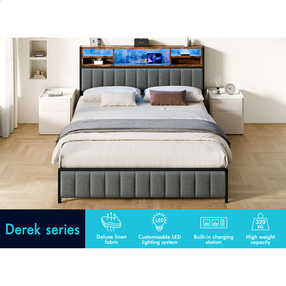 ALFORDSON Bed Frame Double LED Charging Station Linen Grey