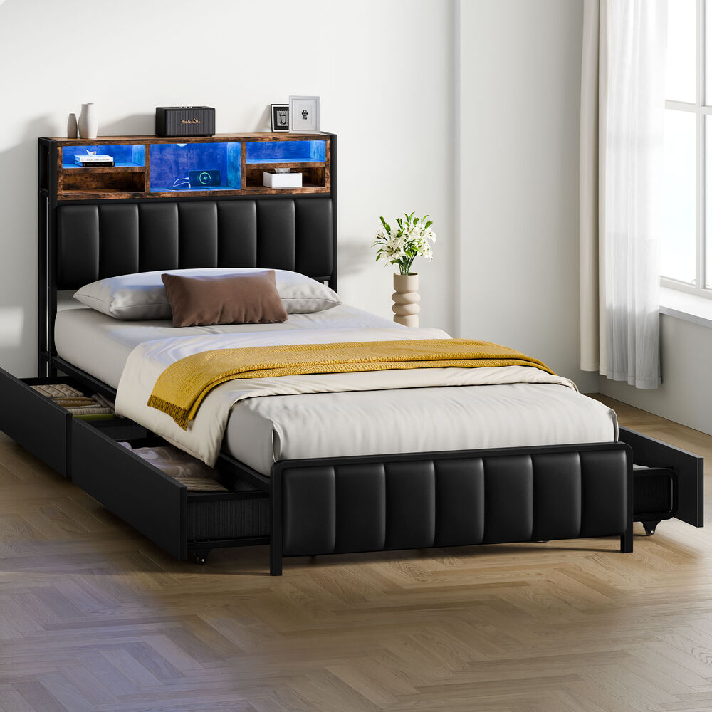 ALFORDSON Bed Frame King Single LED Charging Station Storage Drawers Leather