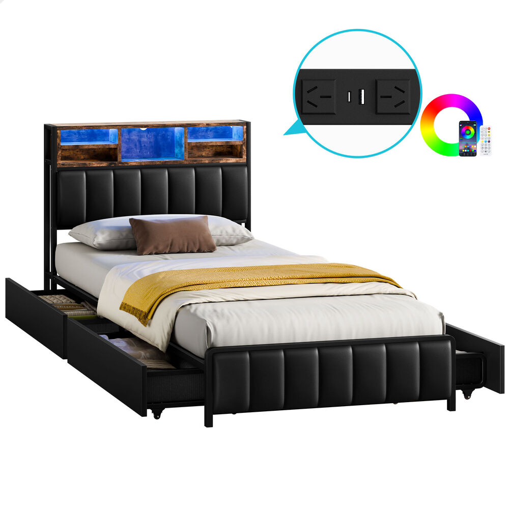 ALFORDSON Bed Frame King Single LED Charging Station Storage Drawers Leather