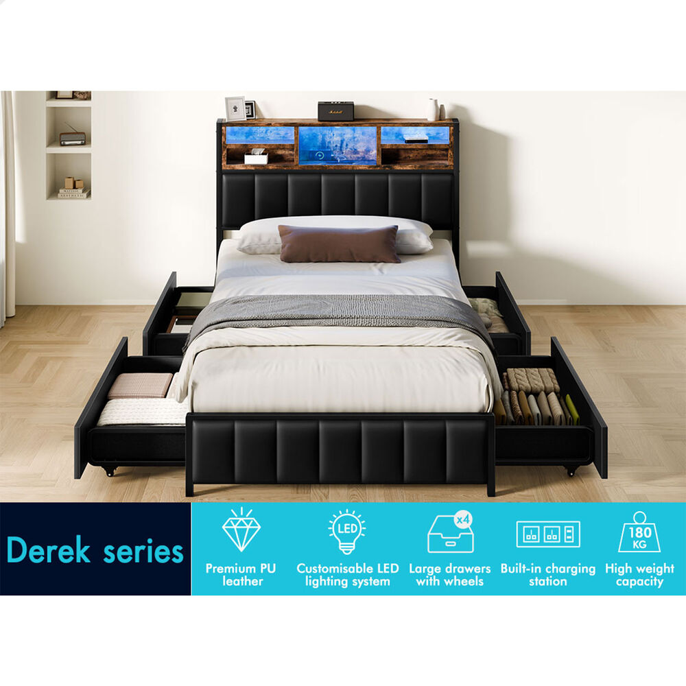 ALFORDSON Bed Frame King Single LED Charging Station Storage Drawers Leather