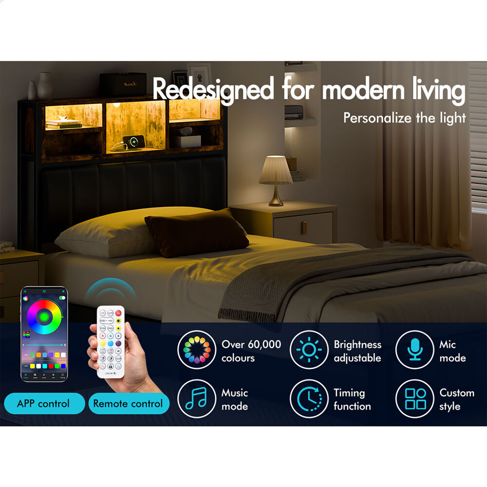 ALFORDSON Bed Frame King Single LED Charging Station Storage Drawers Leather