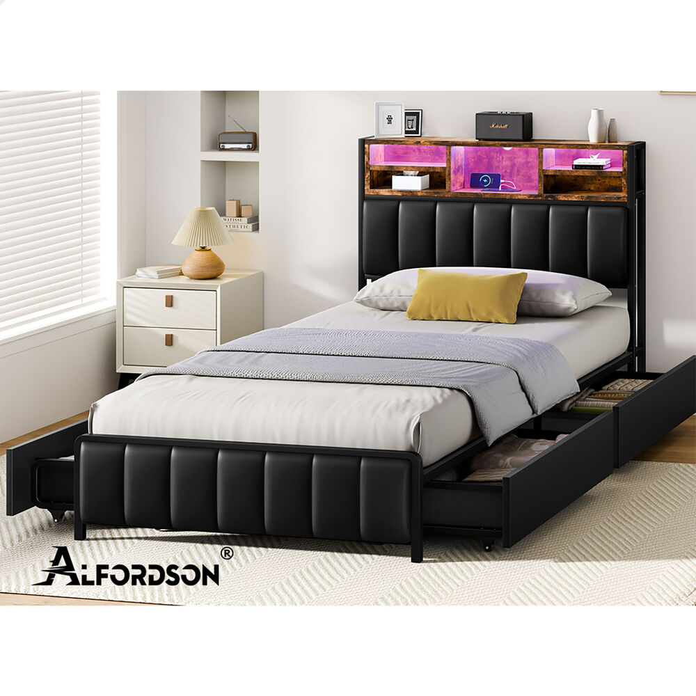 ALFORDSON Bed Frame King Single LED Charging Station Storage Drawers Leather