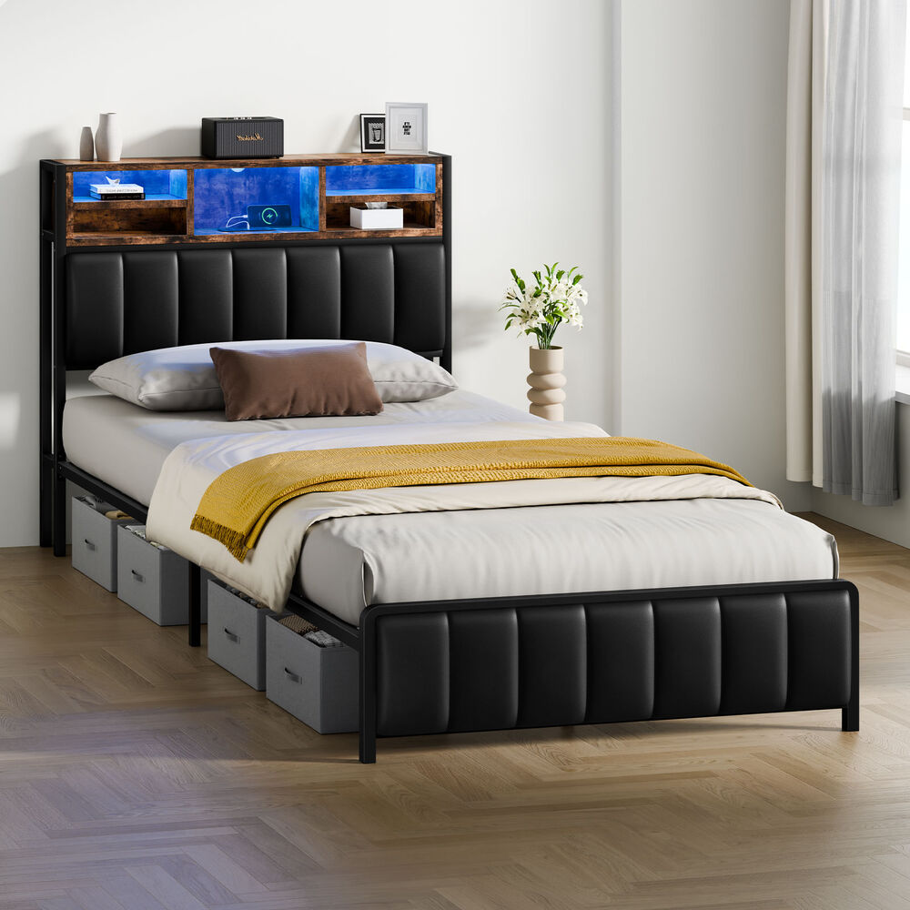 ALFORDSON Bed Frame King Single LED Charging Station Leather Black
