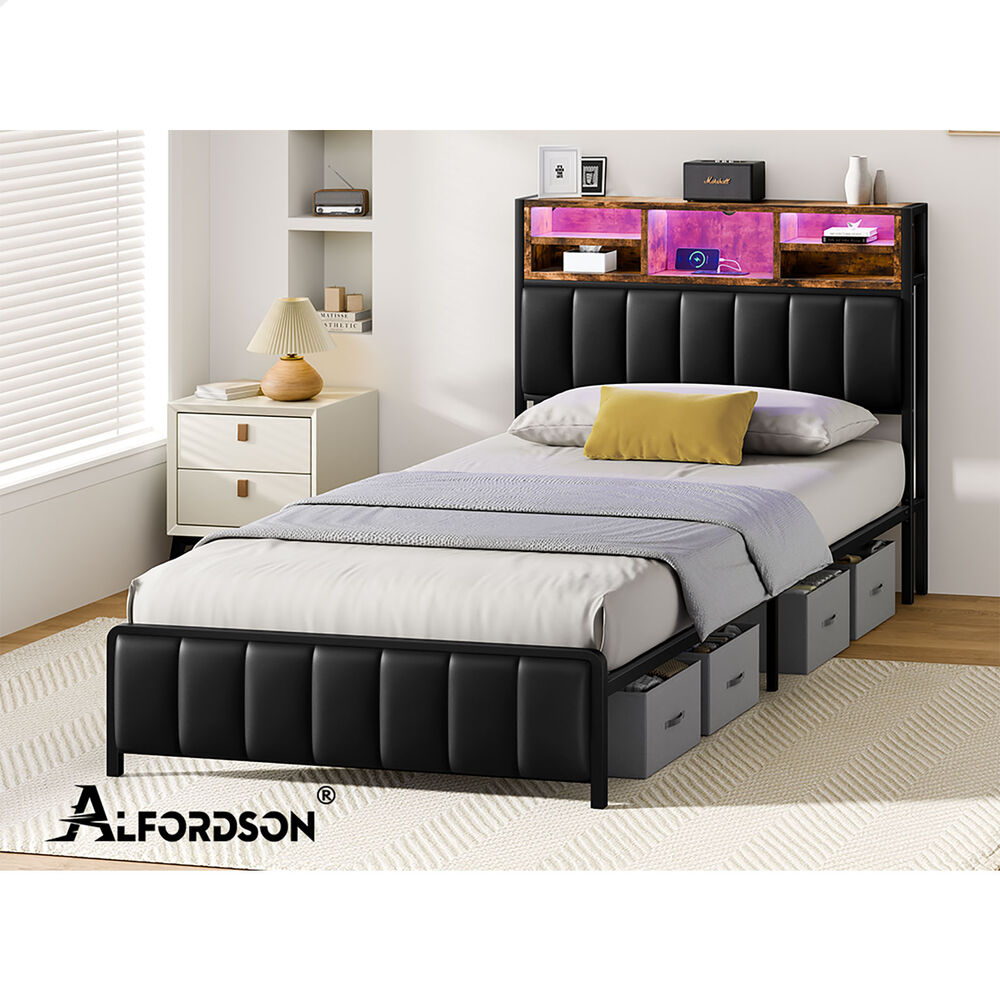ALFORDSON Bed Frame King Single LED Charging Station Leather Black