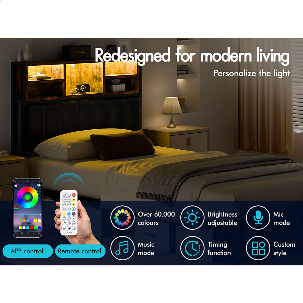 ALFORDSON Bed Frame King Single LED Charging Station Leather Black