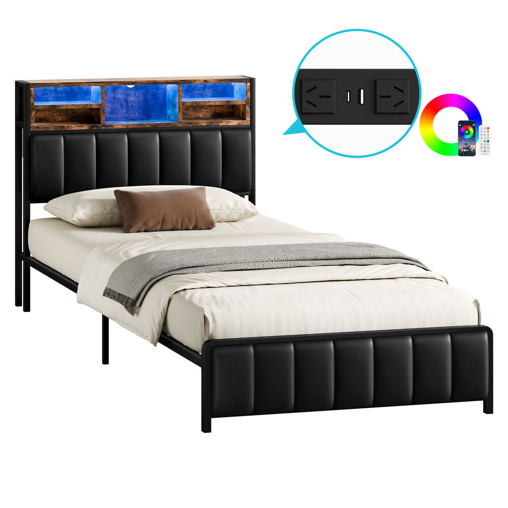 ALFORDSON Bed Frame King Single LED Charging Station Leather Black
