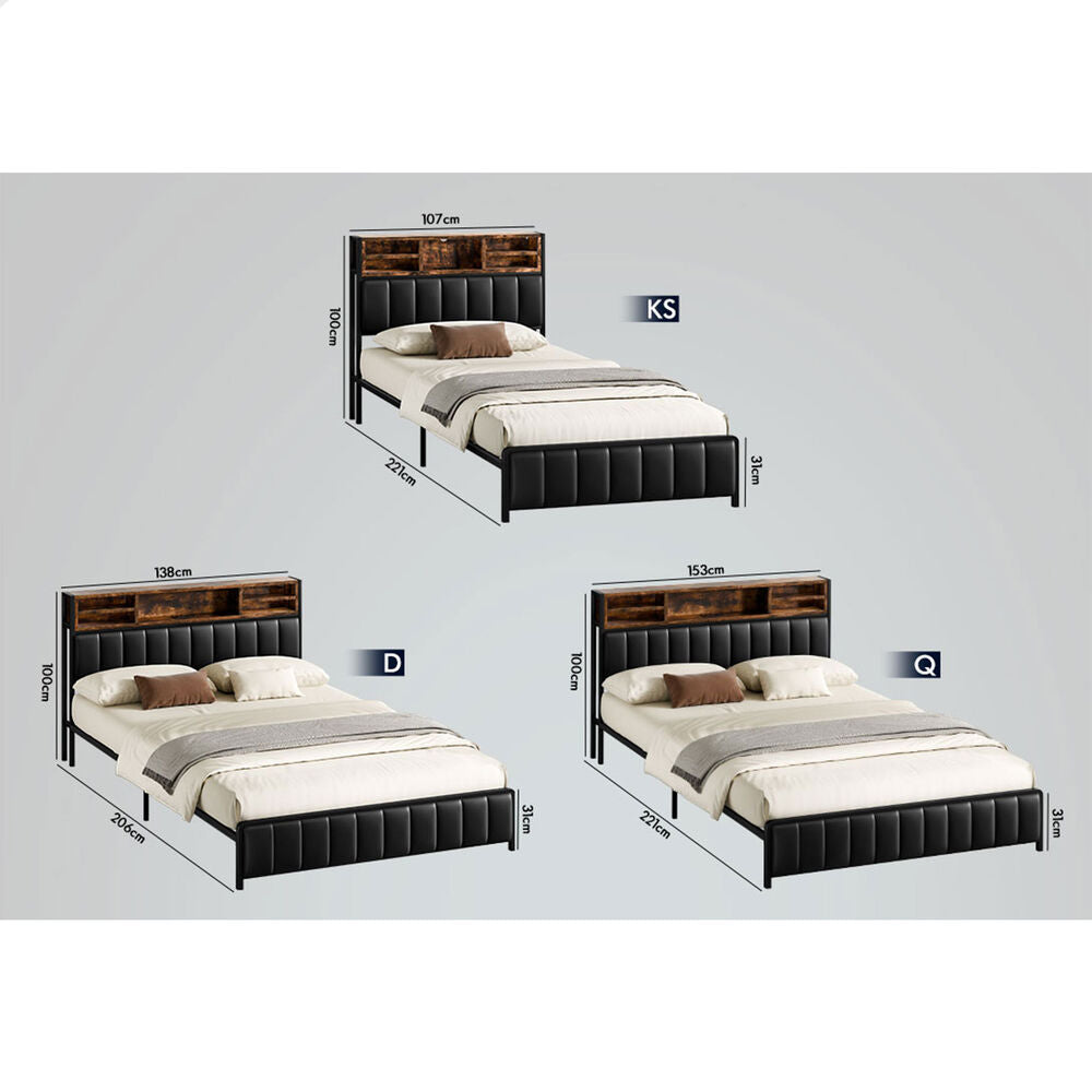 ALFORDSON Bed Frame King Single LED Charging Station Leather Black