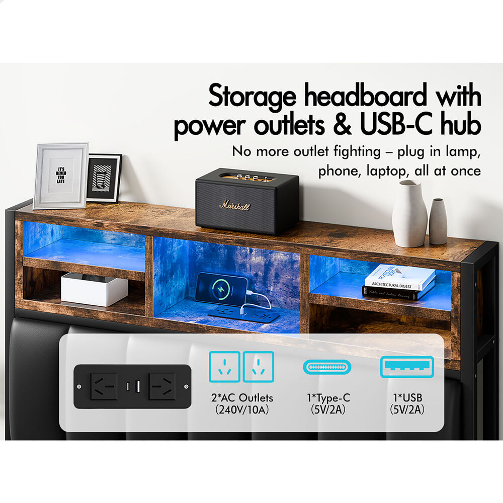 ALFORDSON Bed Frame King Single LED Charging Station Leather Black