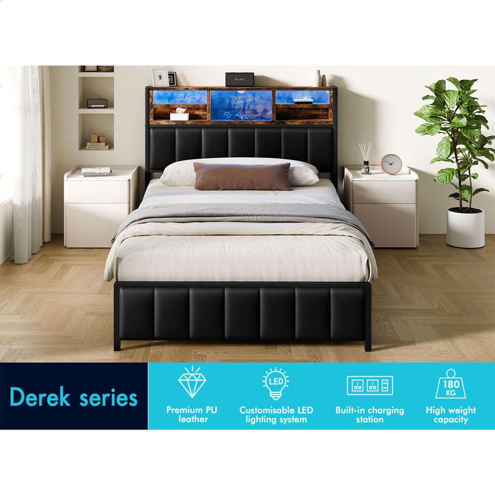 ALFORDSON Bed Frame King Single LED Charging Station Leather Black