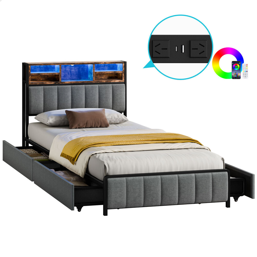 ALFORDSON Bed Frame King Single LED Charging Station Drawers Storage Linen