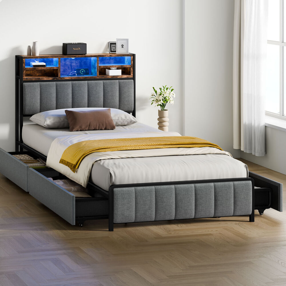 ALFORDSON Bed Frame King Single LED Charging Station Drawers Storage Linen