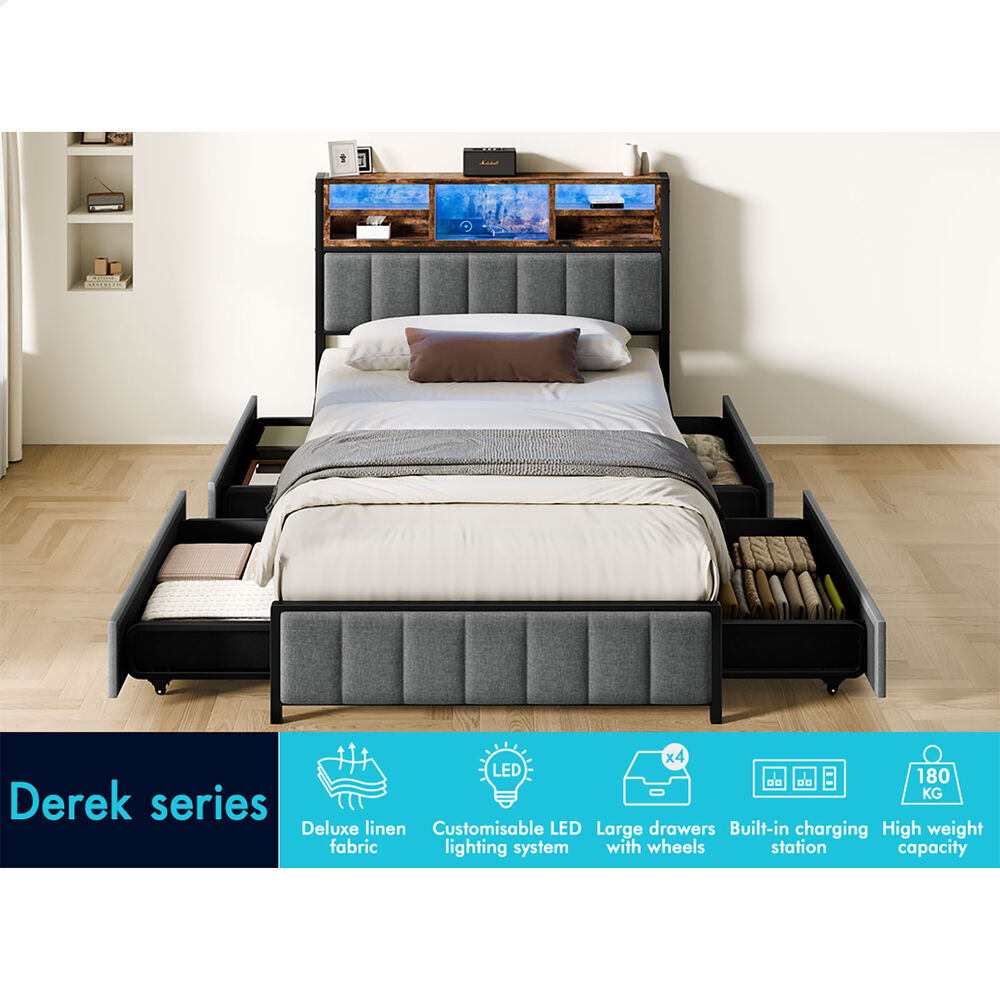 ALFORDSON Bed Frame King Single LED Charging Station Drawers Storage Linen