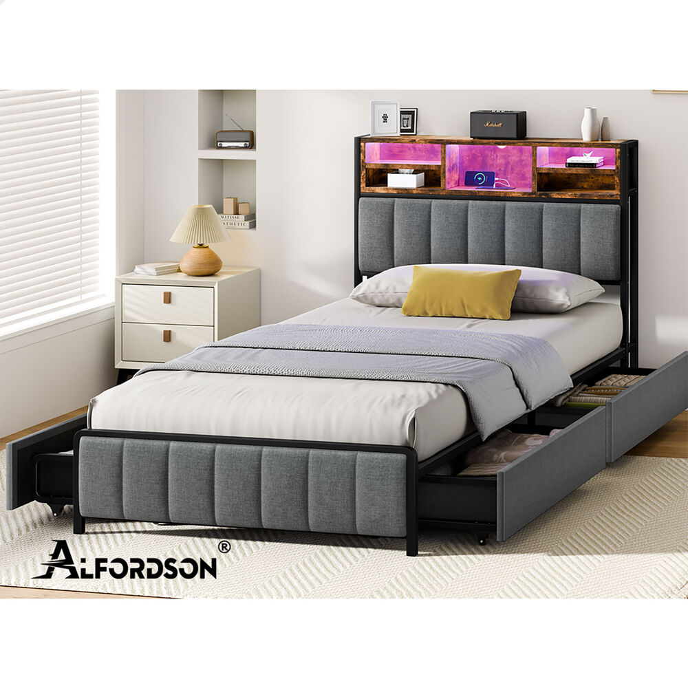 ALFORDSON Bed Frame King Single LED Charging Station Drawers Storage Linen