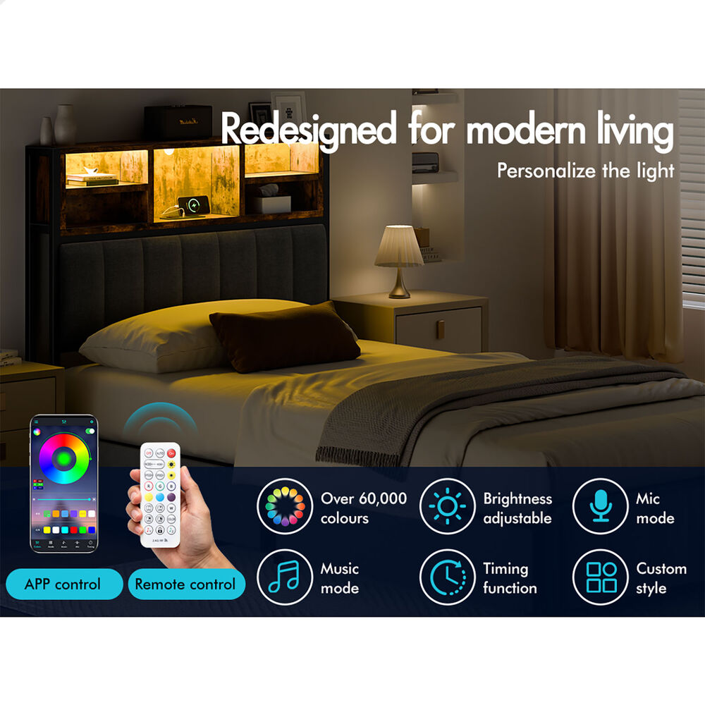 ALFORDSON Bed Frame King Single LED Charging Station Drawers Storage Linen