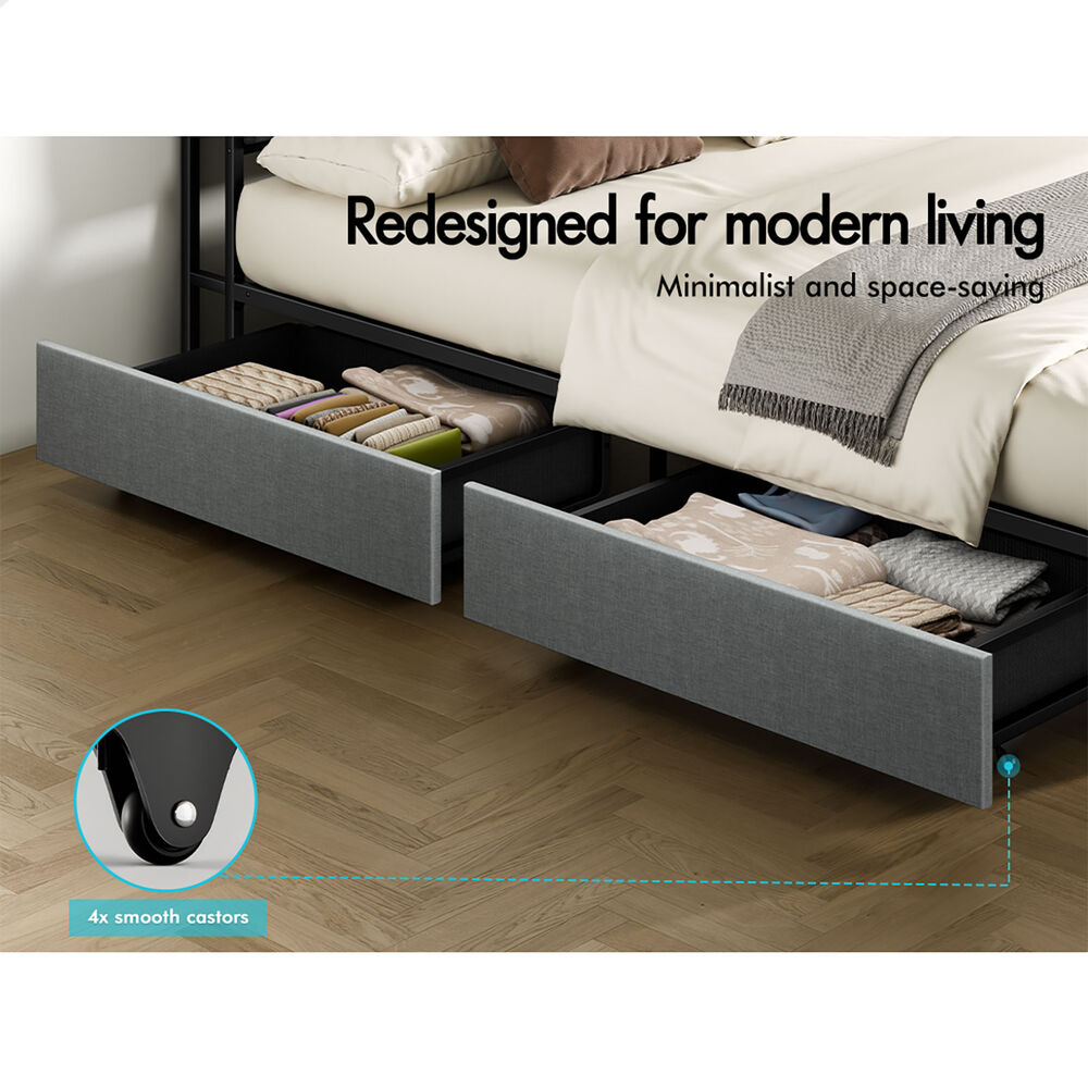 ALFORDSON Bed Frame King Single LED Charging Station Drawers Storage Linen