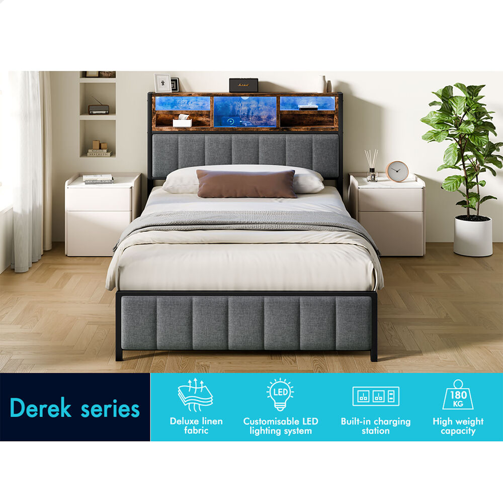 ALFORDSON Bed Frame King Single LED Charging Station Linen Grey