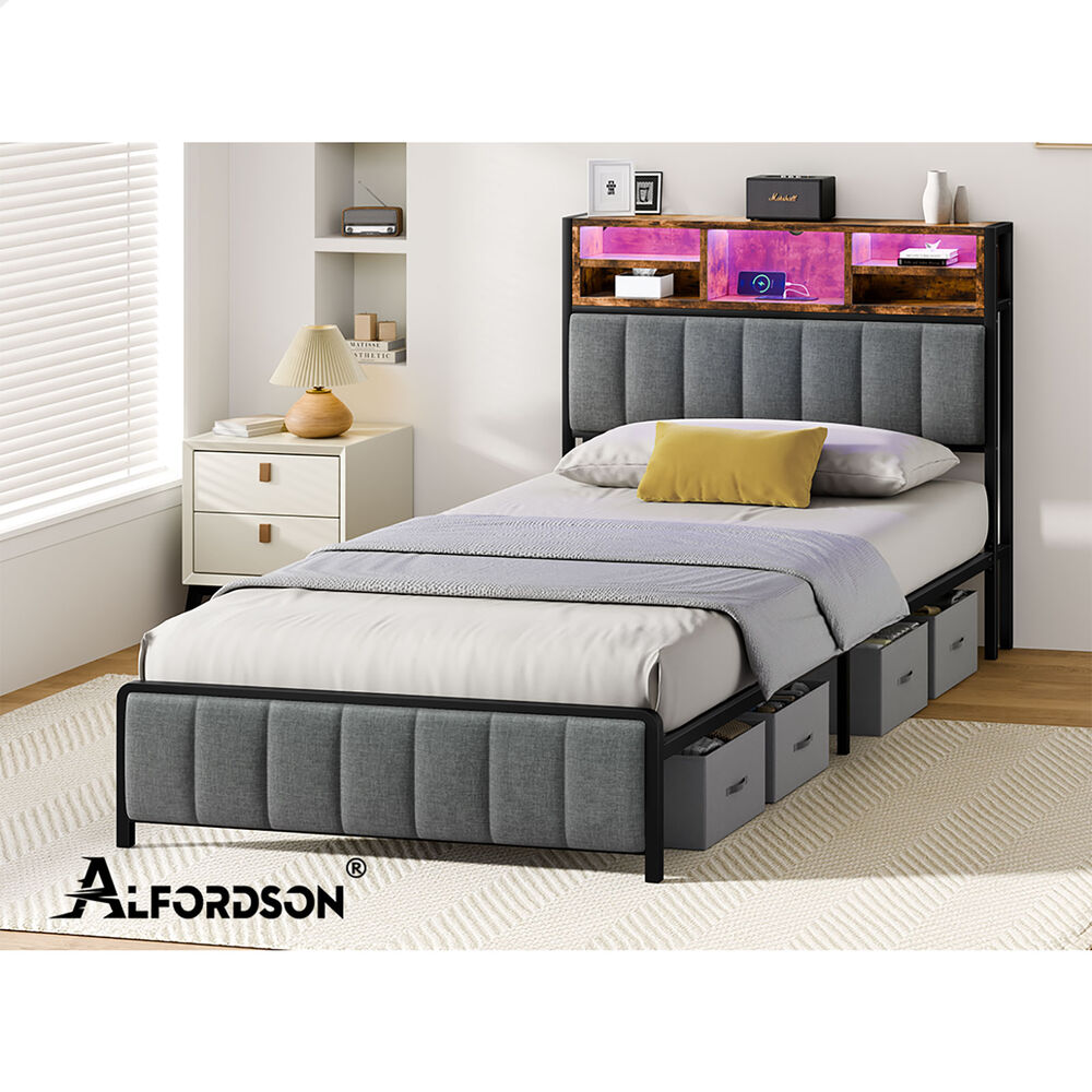 ALFORDSON Bed Frame King Single LED Charging Station Linen Grey