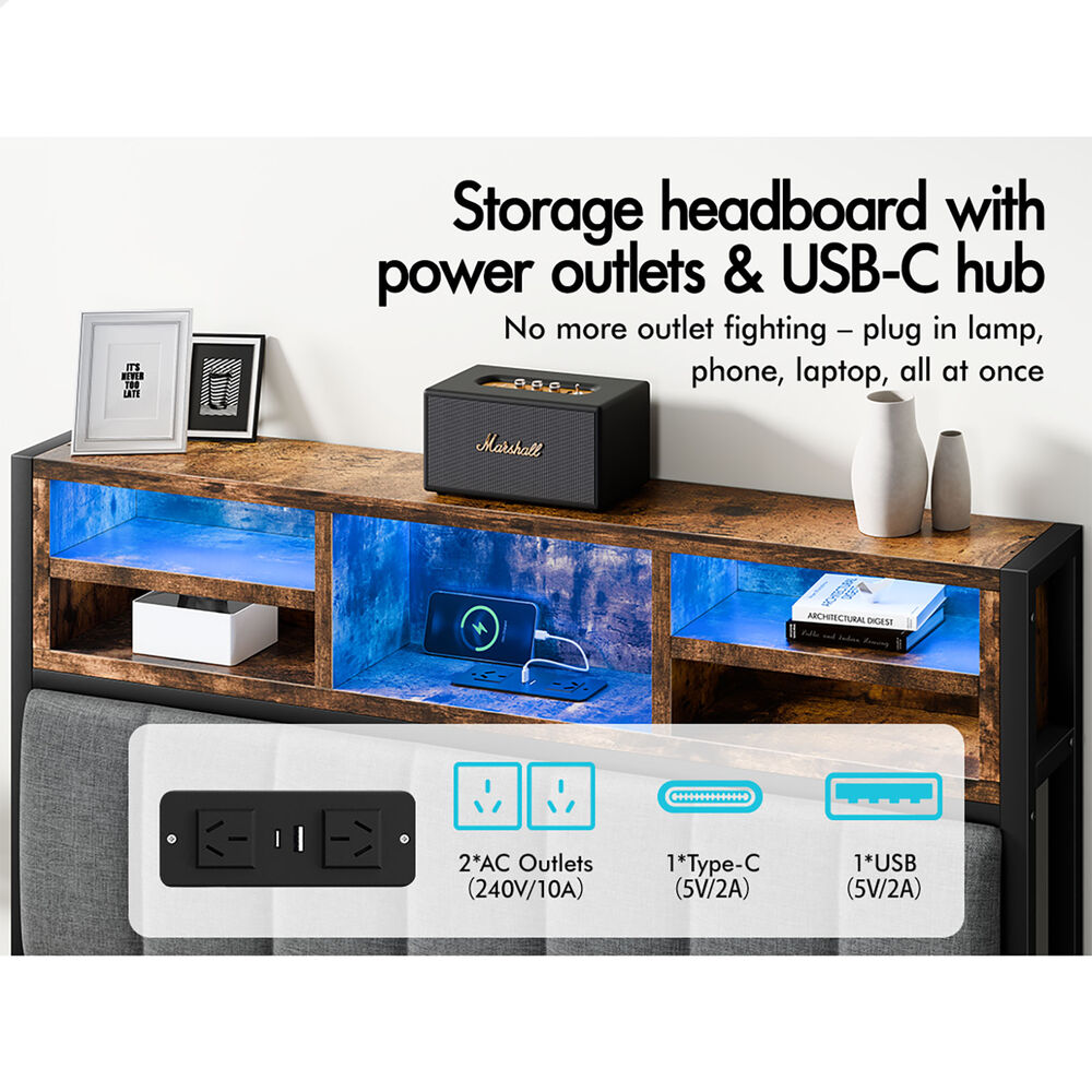 ALFORDSON Bed Frame King Single LED Charging Station Linen Grey