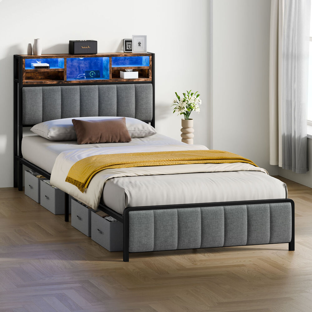 ALFORDSON Bed Frame King Single LED Charging Station Linen Grey