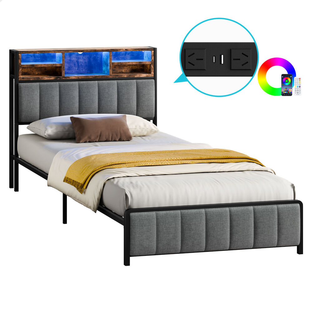 ALFORDSON Bed Frame King Single LED Charging Station Linen Grey