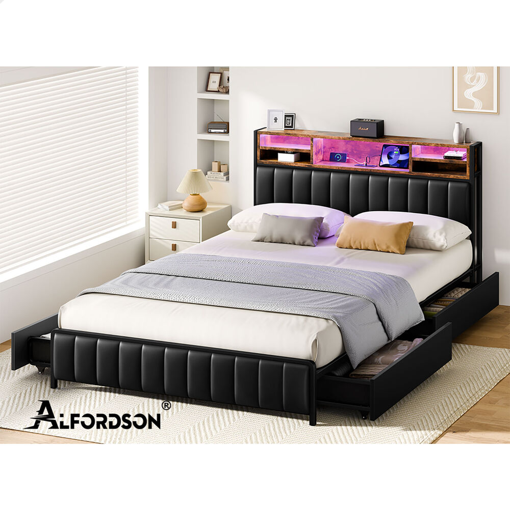 ALFORDSON Bed Frame Queen LED Charging Station Drawers Storage Leather