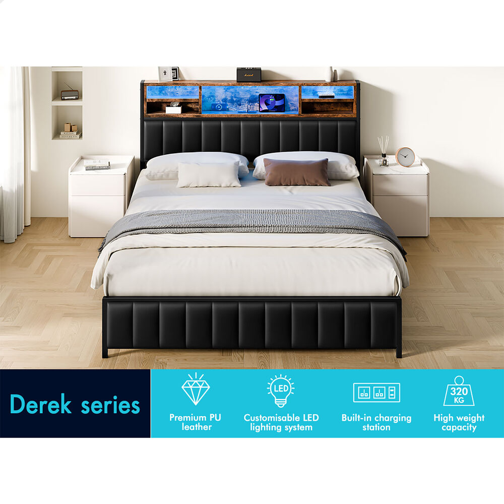 ALFORDSON Bed Frame Queen LED Charging Station Leather Black