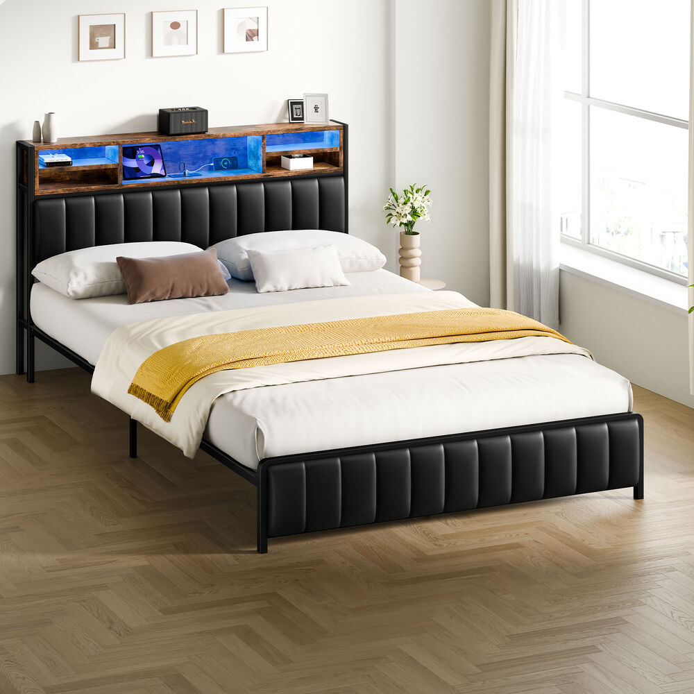 ALFORDSON Bed Frame Queen LED Charging Station Leather Black