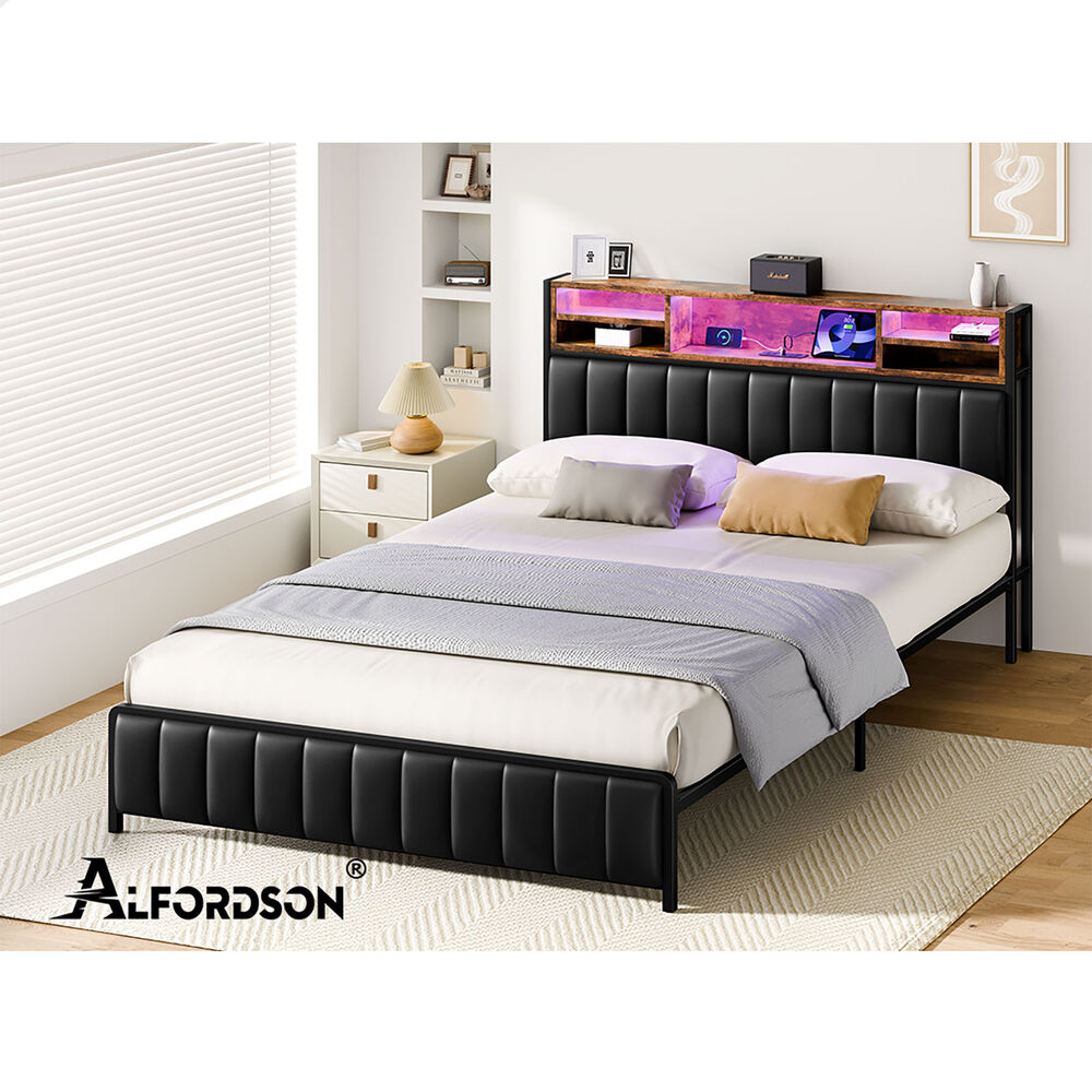 ALFORDSON Bed Frame Queen LED Charging Station Leather Black