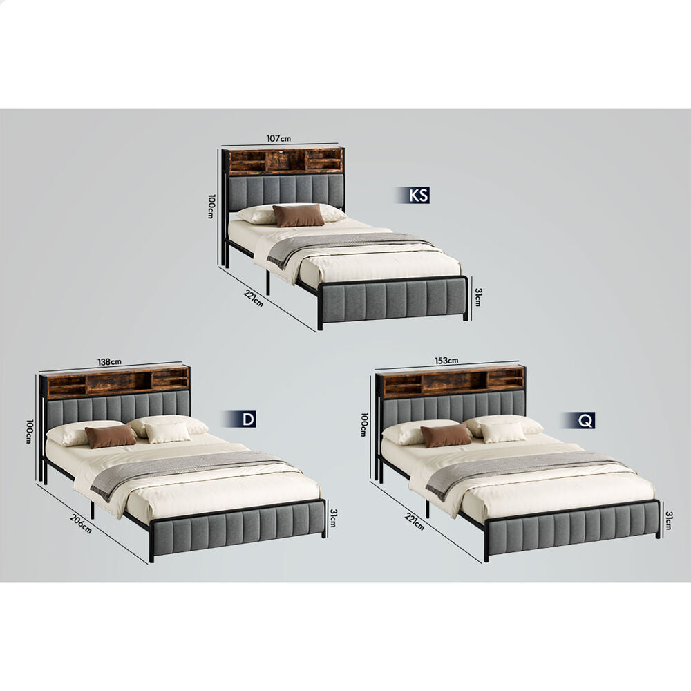 ALFORDSON Bed Frame Queen LED Charging Station Linen Grey