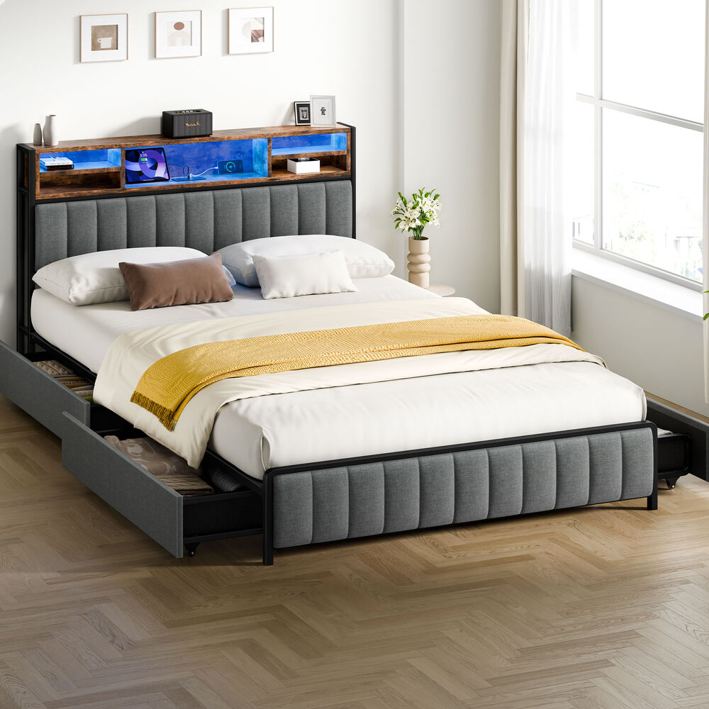 ALFORDSON Bed Frame Queen LED Charging Station Drawers Storage Linen