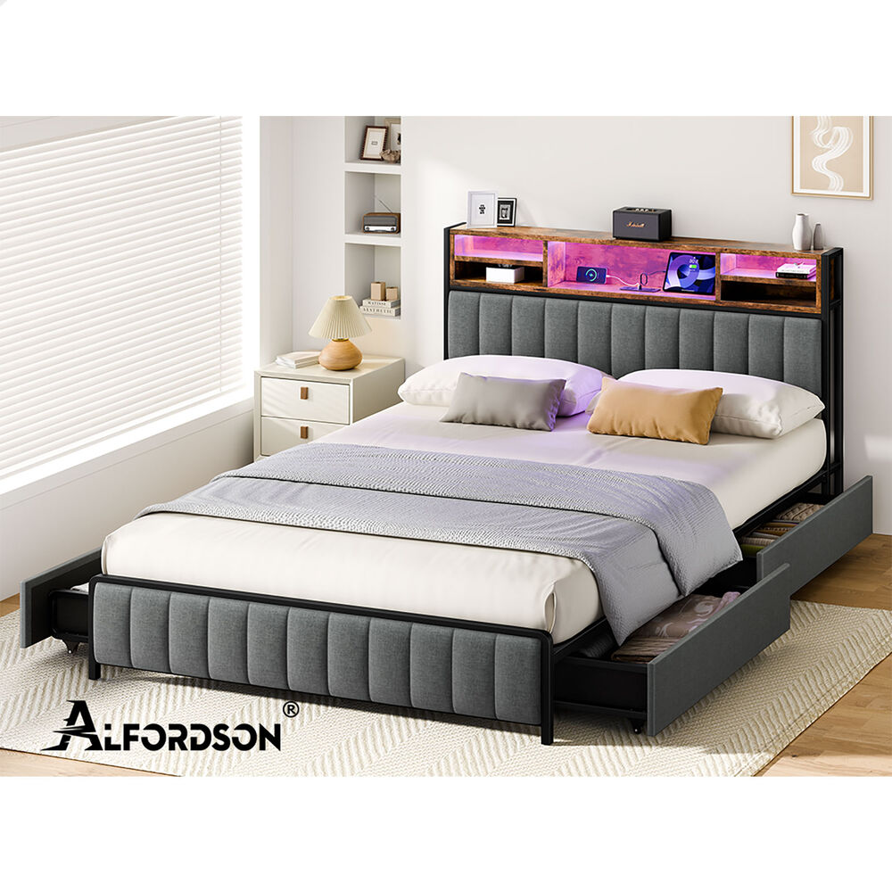 ALFORDSON Bed Frame Queen LED Charging Station Drawers Storage Linen