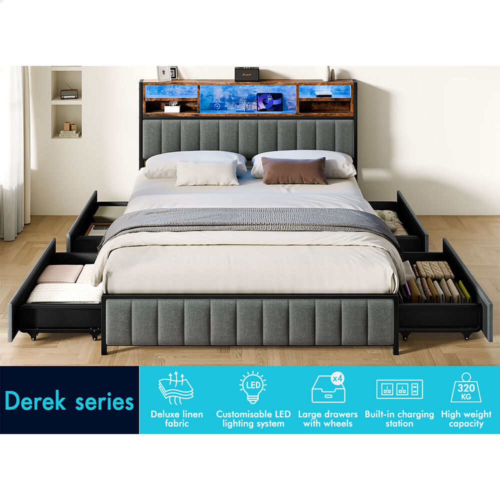 ALFORDSON Bed Frame Queen LED Charging Station Drawers Storage Linen
