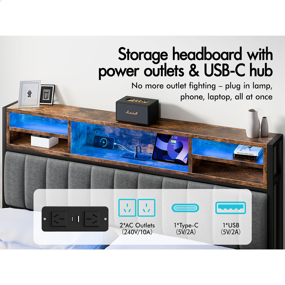 ALFORDSON Bed Frame Queen LED Charging Station Linen Grey