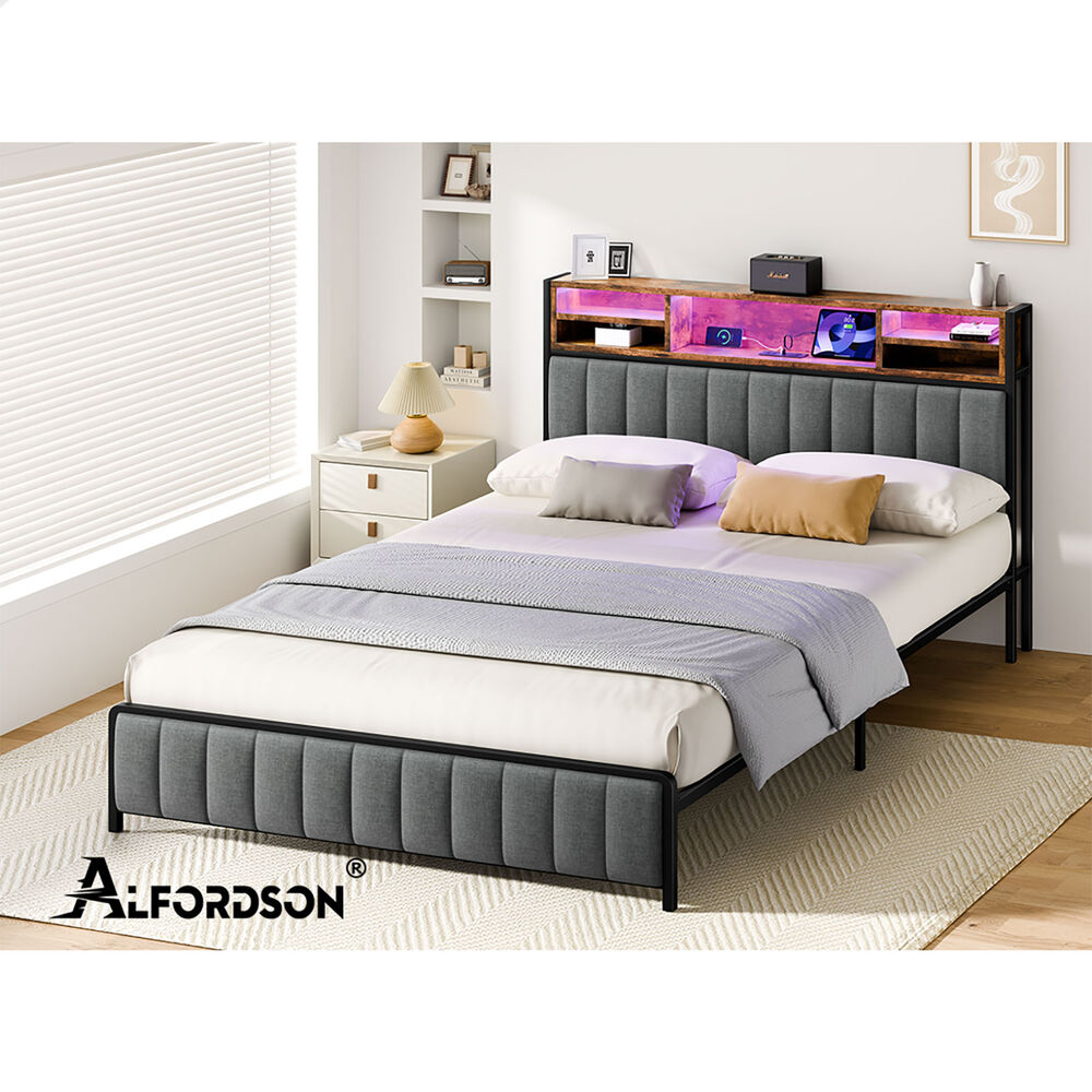 ALFORDSON Bed Frame Queen LED Charging Station Linen Grey
