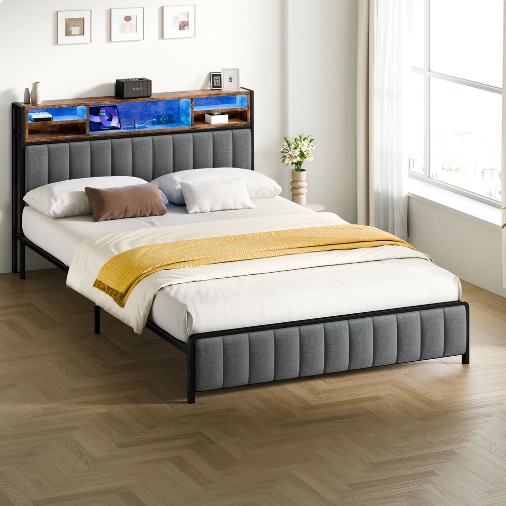 ALFORDSON Bed Frame Queen LED Charging Station Linen Grey