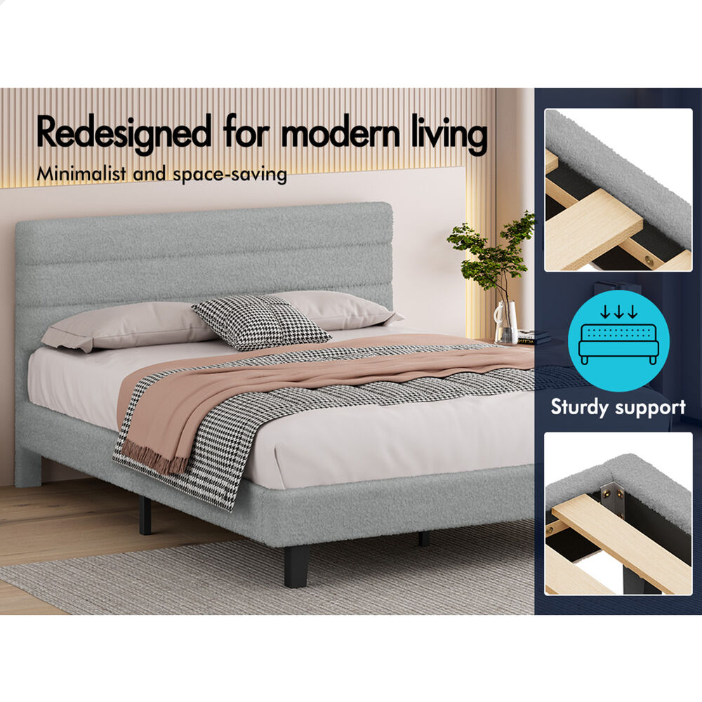 ALFORDSON Bed Frame Double Size Boucle Mattress Base Platform Wooden Grey